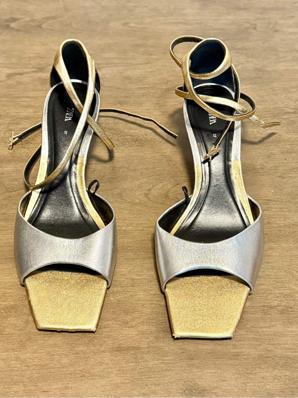 Zara Silver and Gold Strappy Square-Toe Heels